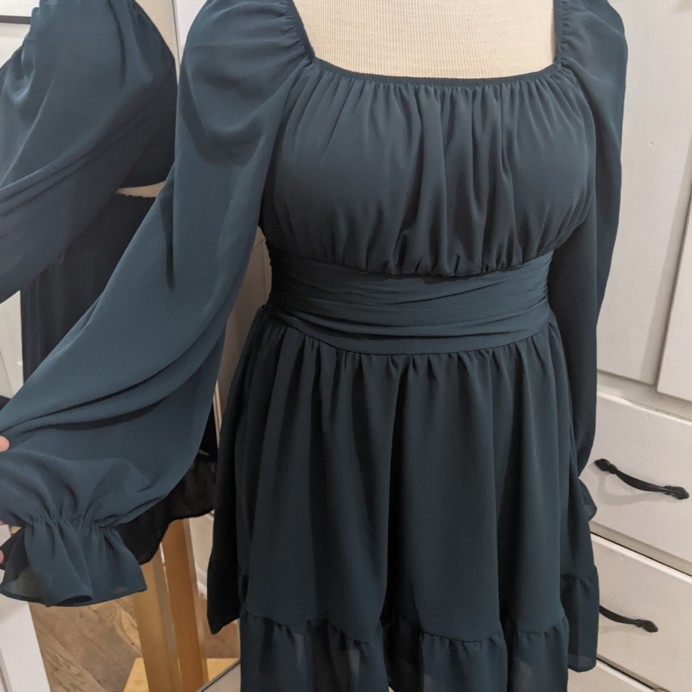 XL Dark turquoise party dress with ruffles and tie back